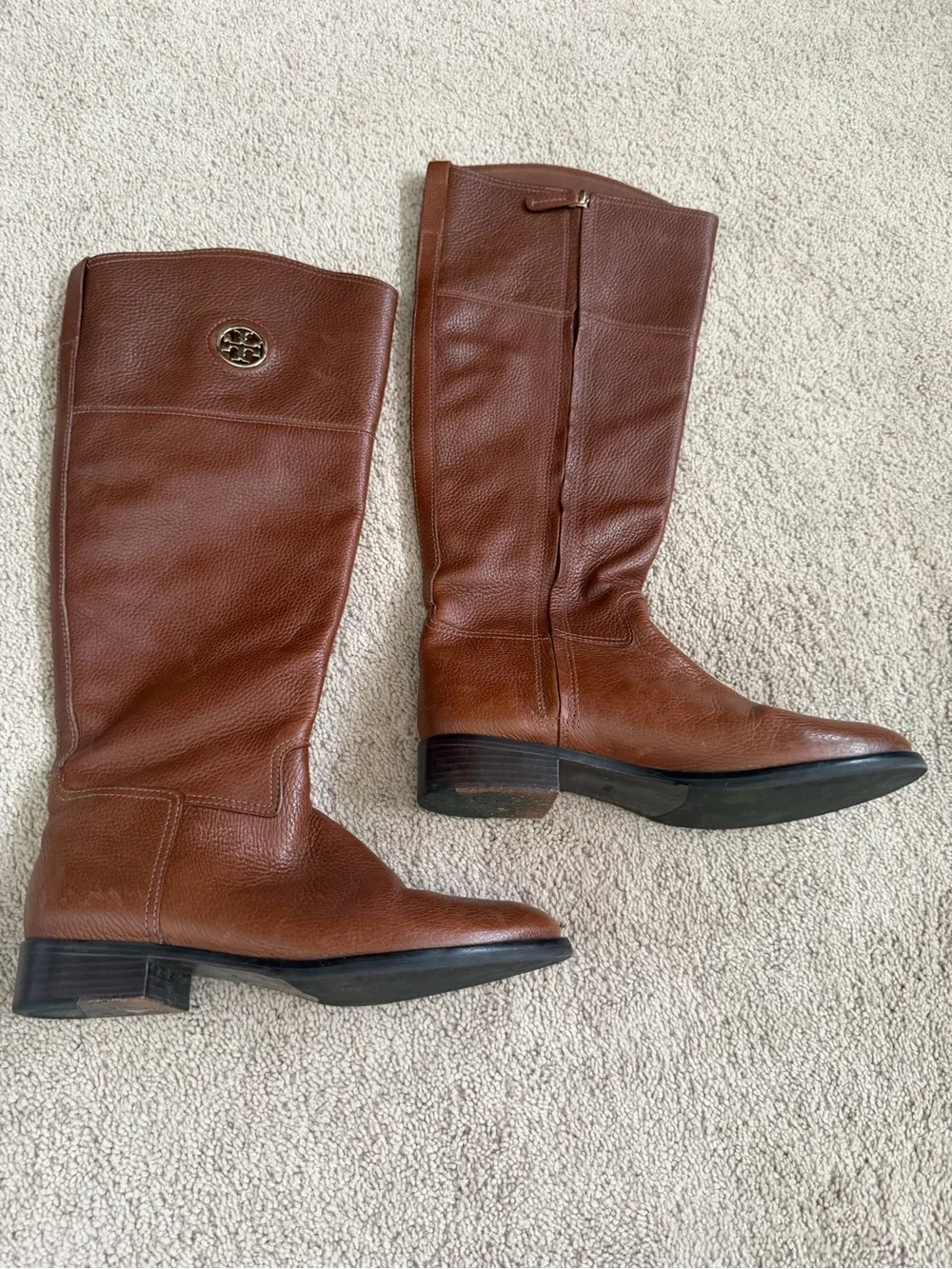 Tory Burch Chestnut Brown Tall Leather Riding Boots with Logo Medallion 9.5